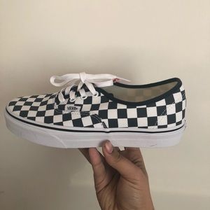 dark blue and white checkered vans